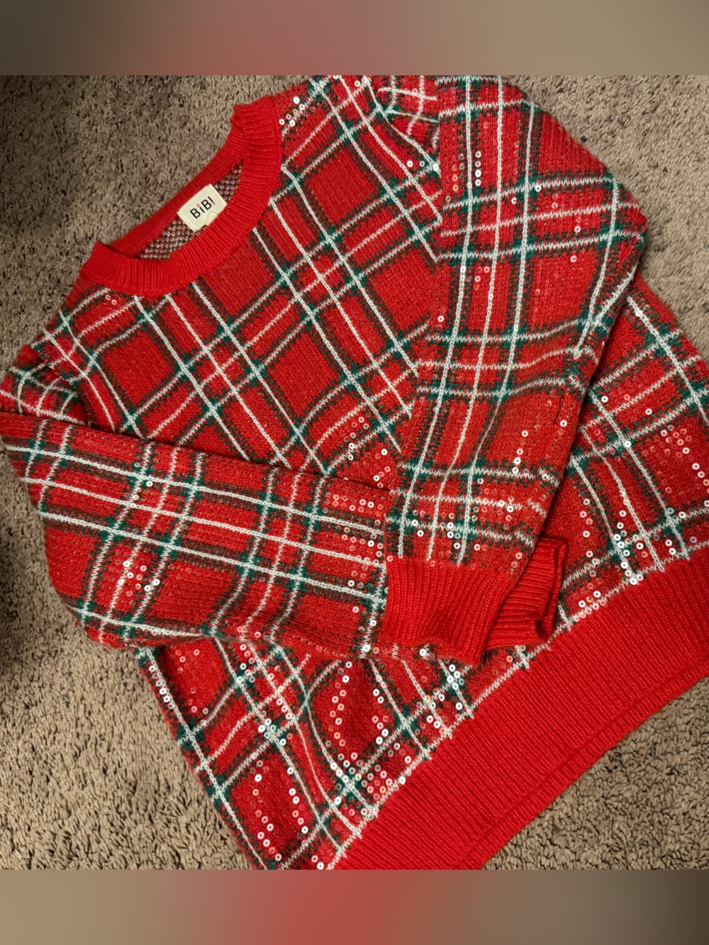 Bibi Red Plaid Sequin Holiday Sweater - Size Small